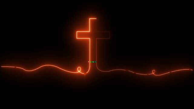 Bright glow flickering neon cross icon. Christianity symbol. Motion graphic video animation. Christian Cross Symbol Animation of an ultra hd christian cross with blue flames.on black backgraund.