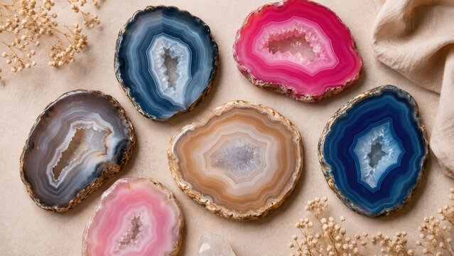 Polished colorful agate and geode slices with gold rims arranged on beige linen with dried flowers, styled as decorative coasters