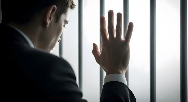 Imprisonment concept businessman reaching toward freedom through jail bars