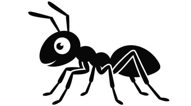 A stylized black and white vector illustration of a cute ant for modern graphic design projects