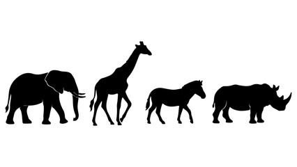 Obraz premium African Wildlife Silhouettes: Elephant, Giraffe, Zebra, Rhinoceros Collection, Safari Animals, Nature Icons, Vector Graphics