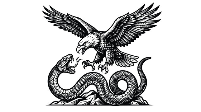Detailed vector illustration of a powerful eagle attacking a coiled snake in black and white