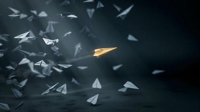Gold paper plane flying straight in scattered swarm &ndash; Perfect for unique strategy, competitive edge, or speed.