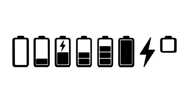Battery Level Icons Set, Energy Status Indicators, Power Charge Symbols, Vector Graphics for Technology and Devices