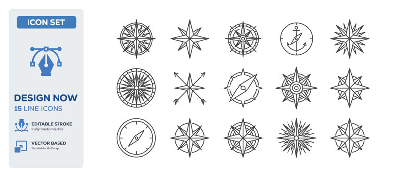 flat vector illustration line art icon bundle set design highlighting marine compass navigations steering wheels ship anchors and nautical direction graphic UI apps