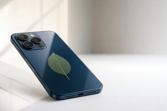 Luxury navy smartphone with translucent green leaf decal symbolizing CBAM carbon tariff and global trade sustainability for electronics supply chain policy reports business environment