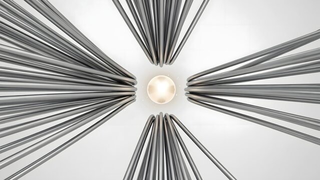 Luminous central point attracting silver ribbons &ndash; Great for synergy, data aggregation, or strategy.