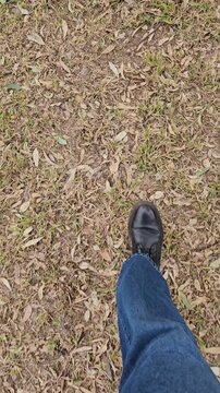 Vista POV de persona caminando sobre pasto seco y hojas
