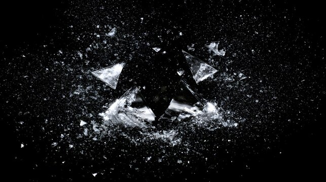 A shattered glass skull explodes into a thousand pieces in a dark space