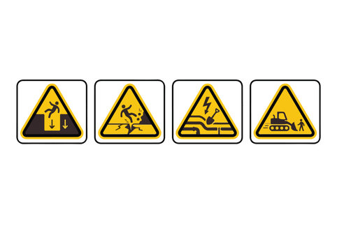 Set of four safety warning signs indicating caution for construction, falling objects, slippery surfaces, and heavy