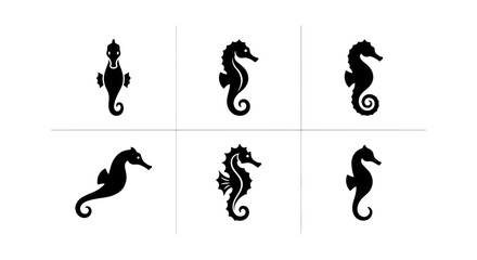 Six Silhouette Seahorse Icons, Marine Life Vector Graphics, Ocean Creature Symbols, Aquatic Animal Illustrations, Nautical Design Elements, Underwater Wildlife Set © Zubaraj
