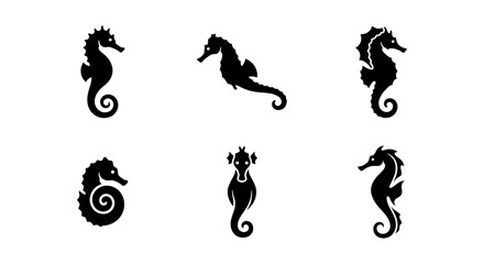 Six Black Seahorse Silhouettes, Marine Life Vector Icons, Aquatic Creature Graphics, Ocean Wildlife Illustrations, Underwater Animal Set © Zubaraj