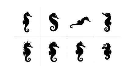 Set of Eight Black Silhouette Seahorse Icons, Marine Life Vector Graphics, Underwater Ocean Creatures Collection, Simple Nautical Design Elements © Zubaraj