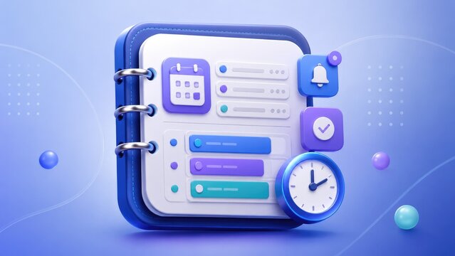 3D blue planner UI with calendar, checklist, reminders and clock conveying digital scheduling, task management and productivity