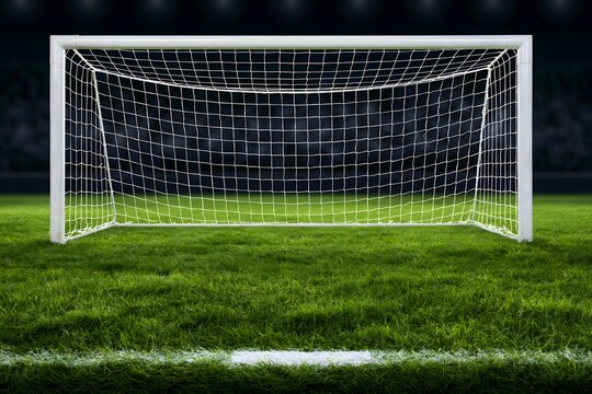A soccer goal on a green field at night