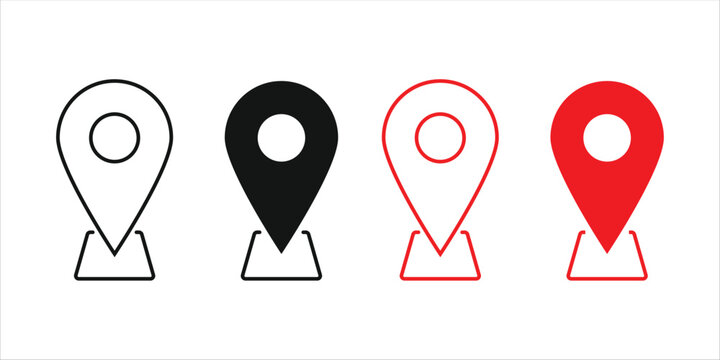 Traditional droplet location pins with square base platform in black and red colors.