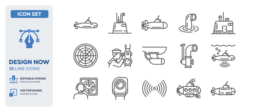 flat vector illustration line art icon bundle set design displaying underwater military submarines marine navigation sonars sea radars oceanic periscopes and ships UI