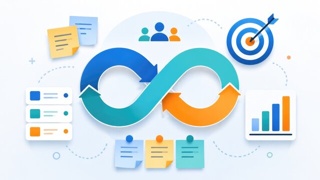 Colorful infinity loop infographic with arrows, sticky notes, team icons, chart and target illustrating continuous workflow and iterative process