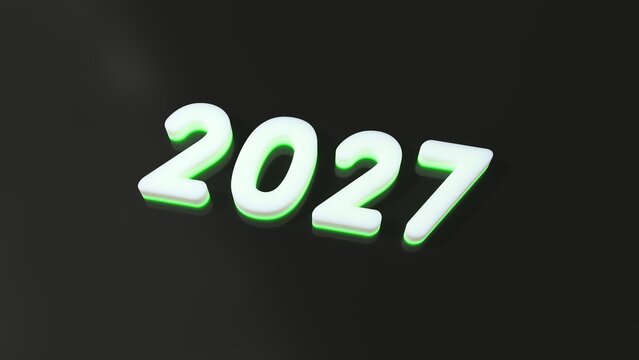 2027 New Year greeting card with isometric glowing neon green numbers on dark background