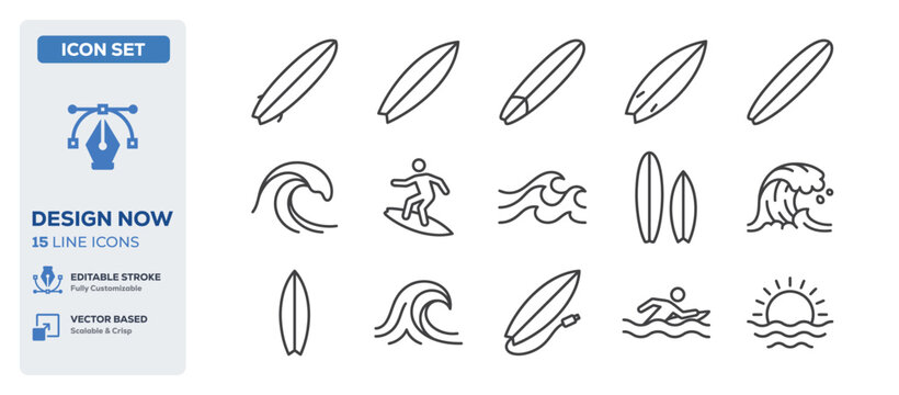 flat vector illustration line art icon bundle set design highlighting summer beach surfing active water sports ocean surfboards riding sea waves and extreme recreation