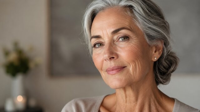 Close-up portrait of a confident mature woman with gray hair, soft smile, natural makeup and a neutral indoor background
