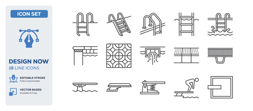 flat vector illustration line art icon bundle set design depicting olympic sports diving boards professional swimming pools aquatic athletics and extreme jumping graphic