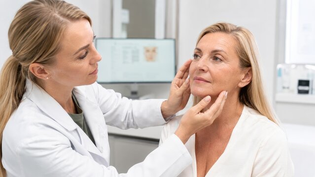 Dermatologist performing facial cosmetic consultation on a mature woman in a modern clinic