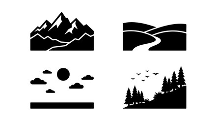 Minimalist Landscape Icons Set: Mountain Peaks, Winding River, Cloudy Sky, Forest Scene, Vector Graphics for Nature and Outdoors Themes © Zubaraj
