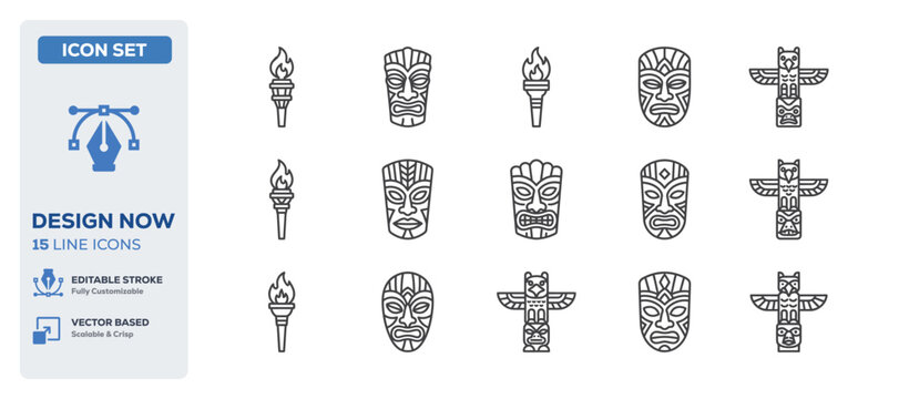 flat vector illustration line art icon bundle set design showcasing native ancient tribal masks traditional aboriginal cultures carved wooden totems indigenous heritage