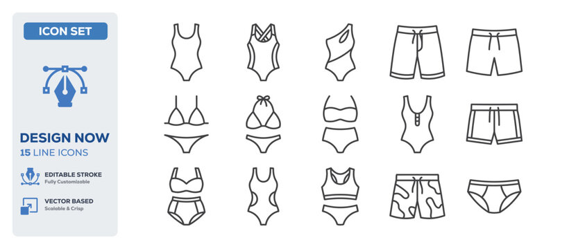 flat vector illustration line art icon bundle set design representing female summer swimwear beautiful bikini suits trendy fashion clothings and seaside apparel graphics
