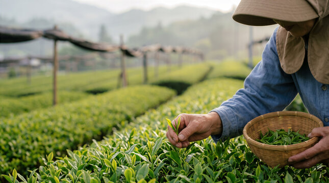 poster about tea harvesting on a plantation, close-up of an elderly Japanese woman's hands using manual harvesting technique - one bud, two leaves, copy space about the traditions of tea production