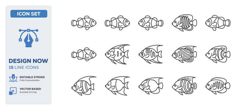 flat vector illustration line art icon bundle set design depicting beautiful ocean fishes marine biology aquariums wild aquatic creatures and underwater nature life UI apps