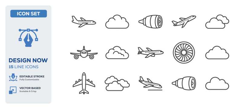 flat vector illustration line art icon bundle set design covering flying transport airplanes aviation passenger flights mechanical turbins plane engines global travelling