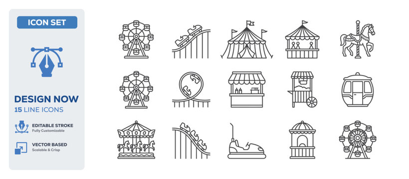 flat vector illustration line art icon bundle set design displaying amusement park wheels big ferris rotations circus tents fun childhood fairs and event carousels graphic