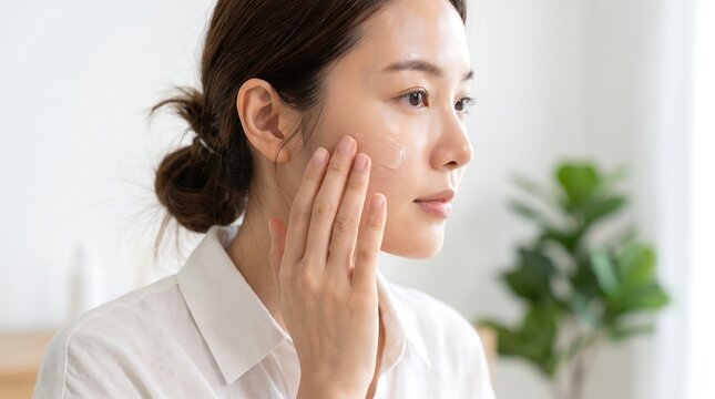 Asian woman applying gel moisturizer on cheek bright light