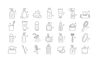 Fototapeta premium Hygiene and personal care outline icon set with bottles and sparkles, hygiene, icons, bottles, soap, cosmetics, spray, sparkle,
