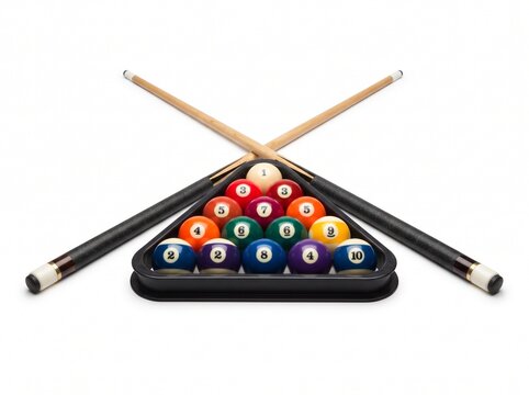 A set of colorful pool balls and cues on a rack