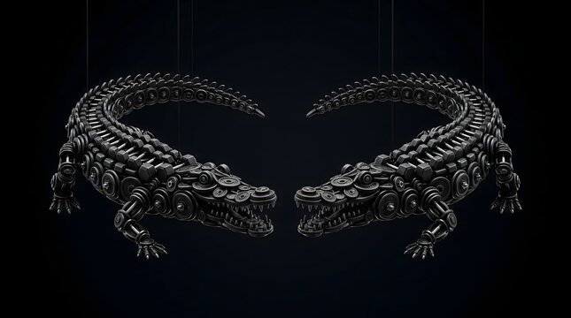 AI-generated surreal fitness concept of two crocodiles built entirely from dumbbells and weight plates against a dark background