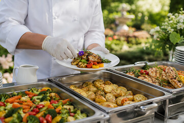 Obraz premium Professional Chef Serving Grilled Chicken with Roasted Vegetables and Potatoes from Outdoor Buffet Trays, Presenting Elegant Catering, Garden Dining, Fresh Food, and Hospitality Service Concept