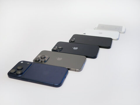 Vienna, Austria - 17 July 2026: Apple iPhone lineup comparison featuring iPhone 17 Pro and previous generation models (16, 15, 13 Pro, SE, 5S) on white background