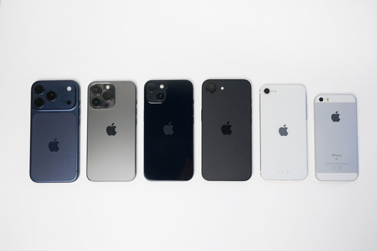 Vienna, Austria - 17 July 2026: Apple iPhone lineup comparison featuring iPhone 17 Pro and previous generation models (16, 15, 13 Pro, SE, 5S) on white background