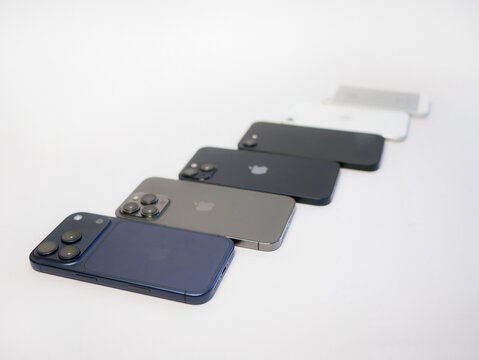 Vienna, Austria - 17 July 2026: Apple iPhone lineup comparison featuring iPhone 17 Pro and previous generation models (16, 15, 13 Pro, SE, 5S) on white background