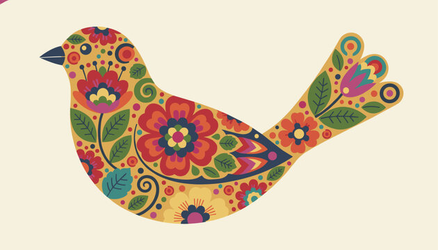 Folk art bird illustration filled with colorful floral and leaf patterns
