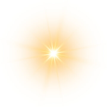 Yellow sun sparkle PNG with golden light, flash radiant sun rays, and glowing lens flash. Glow bright light star, explosion yellow sunlight, vector illustration