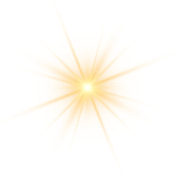 Yellow sun sparkle PNG with golden light, flash radiant sun rays, and glowing lens flash. Glow bright light star, explosion yellow sunlight, vector illustration