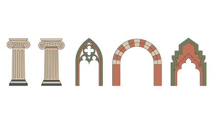 Fototapeta premium Set of classical architectural elements including columns and various historical arches
