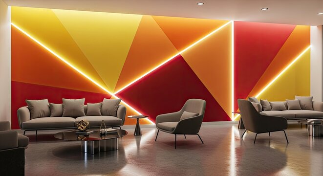 Modern lobby with glowing geometric triangle wall design.