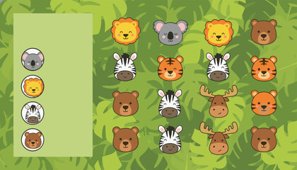 Fototapeta premium Educational counting game for children with cute cartoon wild animal faces on a green background