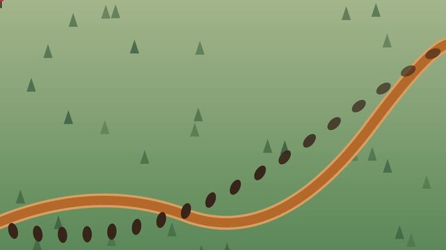 Animated winding road path with moving dots on green forest animation 4k background