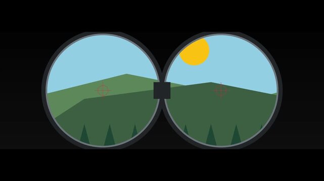 Binoculars viewpoint looking at mountain landscape with crosshair target sight for nature exploration and surveillance concept animation 4k
